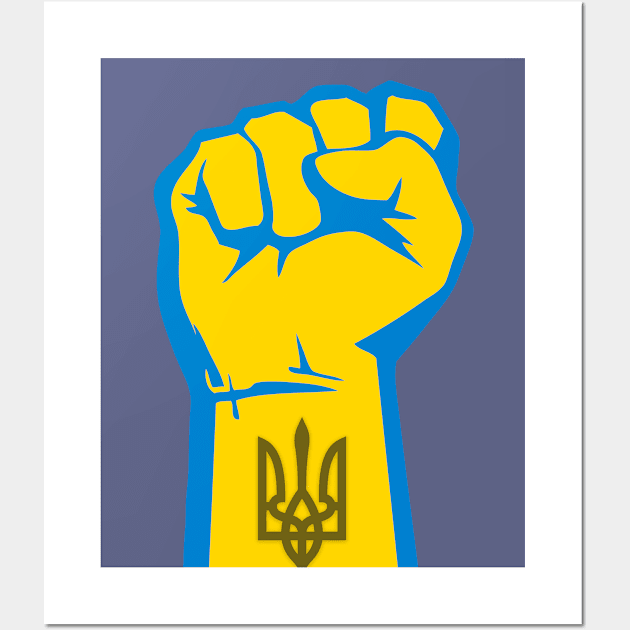 Peace for Ukraine! I Stand With Ukraine. Powerful Freedom, Fist in Ukraine's National Colors of Blue and Gold (Yellow) and Ukraine's Coat of Arms on the Wrist Wall Art by Puff Sumo